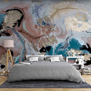 Pembe Mavi Altın Mermer Desenli Duvar Kağıdı - Dkm747126 800x315 cm