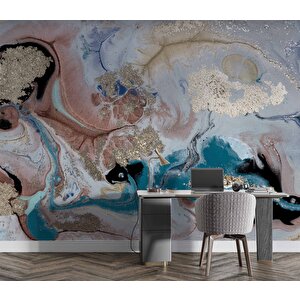 Pembe Mavi Altın Mermer Desenli Duvar Kağıdı - Dkm747126