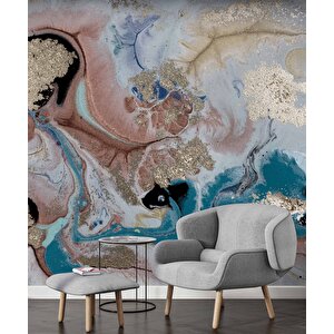 Pembe Mavi Altın Mermer Desenli Duvar Kağıdı - Dkm747126