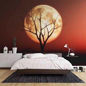 Günbatımı Ağaç Ve Ay Manzaralı Duvar Kağıdı - Dkm722066 150x280 cm