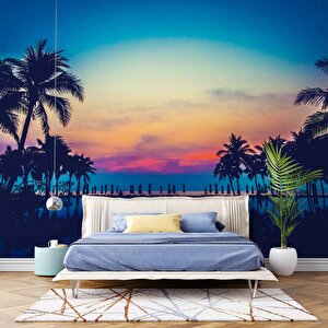 Tropikal Günbatımı Manzaralı Duvar Kağıdı Baskı - Dkm509013 425x200 cm