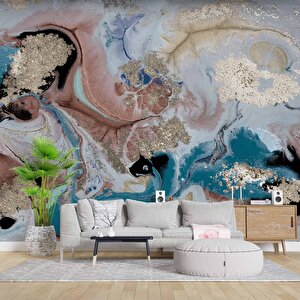 Pembe Mavi Altın Mermer Desenli Duvar Kağıdı - Dkm747007 275x200 cm
