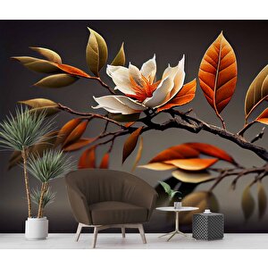 3 Boyutlu Sonbahar Çiçek Ve Dal Desenli Duvar Kağıdı - Dkm992091