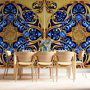 Sarı Lacivert Mandala Desenli Duvar Kağıdı - Dkm861087