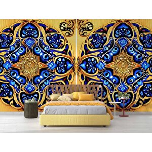 Sarı Lacivert Mandala Desenli Duvar Kağıdı - Dkm861035 450x240 cm