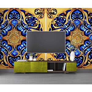 Sarı Lacivert Mandala Desenli Duvar Kağıdı - Dkm861035 450x240 cm