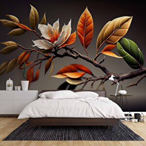 3 Boyutlu Sonbahar Çiçek Ve Dal Desenli Duvar Kağıdı - Dkm992094 350x300 cm