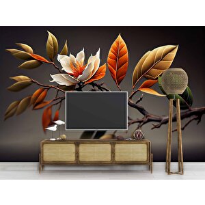 3 Boyutlu Sonbahar Çiçek Ve Dal Desenli Duvar Kağıdı - Dkm992094 350x300 cm