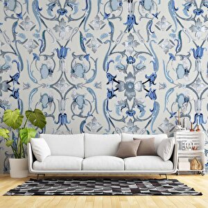 Mavi Çiçek Boyama Çizim Desenli Duvar Kağıdı - Dkb953045 150x260 cm