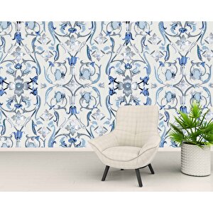 Mavi Çiçek Boyama Çizim Desenli Duvar Kağıdı - Dkb953016