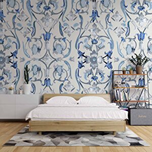 Mavi Çiçek Boyama Çizim Desenli Duvar Kağıdı - Dkb953080 525x280 cm