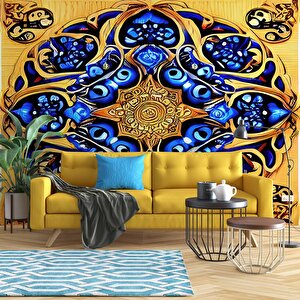 Sarı Lacivert Mandala Desenli Duvar Kağıdı - Dkm861104 700x300 cm