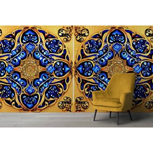 Sarı Lacivert Mandala Desenli Duvar Kağıdı - Dkm861080