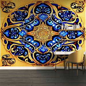 Sarı Lacivert Mandala Desenli Duvar Kağıdı - Dkm861026