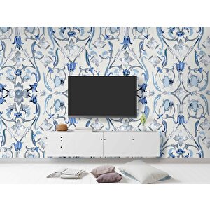 Mavi Çiçek Boyama Çizim Desenli Duvar Kağıdı - Dkb953043 900x240 cm