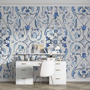 Mavi Çiçek Boyama Çizim Desenli Duvar Kağıdı - Dkb953054