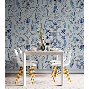 Mavi Çiçek Boyama Çizim Desenli Duvar Kağıdı - Dkb953054