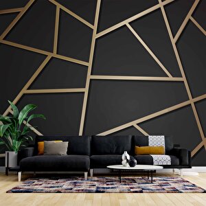 Siyah Zemin Ve Altın Geometri Hat Temalı Duvar Kağıdı - Dkm698095 375x300 cm