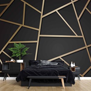 Siyah Zemin Ve Altın Geometri Hat Temalı Duvar Kağıdı - Dkm698095 375x300 cm