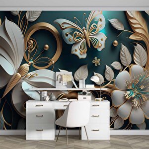 3 Boyutlu Beyaz Çiçek Ve Kelebek Desenli Duvar Kağıdı - Dkm877123