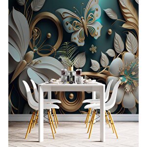 3 Boyutlu Beyaz Çiçek Ve Kelebek Desenli Duvar Kağıdı - Dkm877123