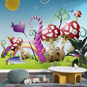 Mantar Evler Çocuk Odası Duvar Kağıdı Baskı - Dkm391011 375x200 cm