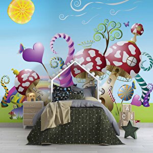Mantar Evler Çocuk Odası Duvar Kağıdı Baskı - Dkm391011