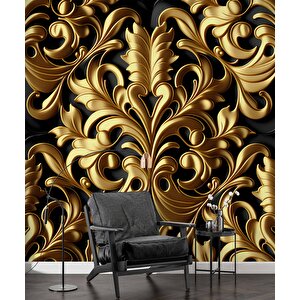 3 Boyutlu Altın Yaprak Temalı Duvar Kağıdı - Dkm794127
