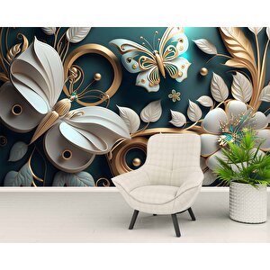 3 Boyutlu Beyaz Çiçek Ve Kelebek Desenli Duvar Kağıdı - Dkm877028