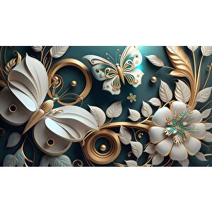 3 Boyutlu Beyaz Çiçek Ve Kelebek Desenli Duvar Kağıdı - Dkm877028