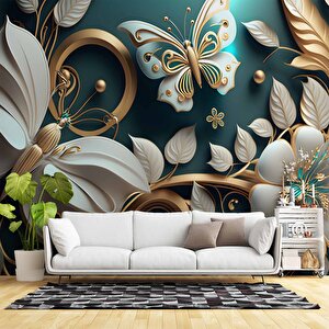 3 Boyutlu Beyaz Çiçek Ve Kelebek Desenli Duvar Kağıdı - Dkm877016 500x200 cm