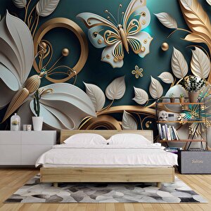 3 Boyutlu Beyaz Çiçek Ve Kelebek Desenli Duvar Kağıdı - Dkm877016 500x200 cm
