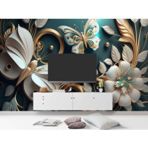 3 Boyutlu Beyaz Çiçek Ve Kelebek Desenli Duvar Kağıdı - Dkm877016 500x200 cm