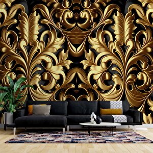 3 Boyutlu Altın Yaprak Temalı Duvar Kağıdı - Dkm794077 450x280 cm