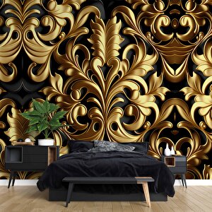3 Boyutlu Altın Yaprak Temalı Duvar Kağıdı - Dkm794077 450x280 cm