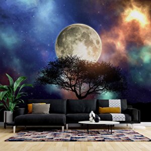 Ağaç Süliyeti Ay Ve Gökyüzü Manzaralı Duvar Kağıdı Baskı - Dkm503083 700x280 cm