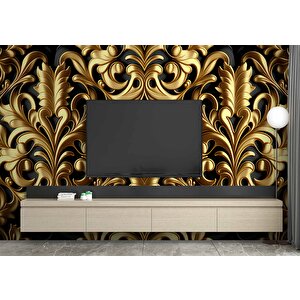 3 Boyutlu Altın Yaprak Temalı Duvar Kağıdı - Dkm794094 350x300 cm