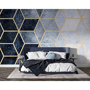 Lacivert Beyaz Geometrik Mermer Desenli Duvar Kağıdı - Dkm731058 500x260 cm