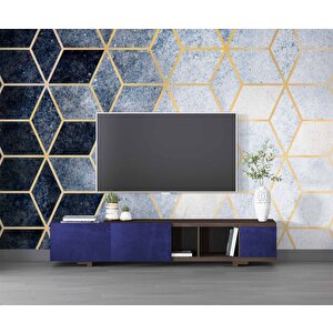 Lacivert Beyaz Geometrik Mermer Desenli Duvar Kağıdı - Dkm731061 600x260 cm
