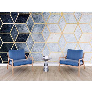 Lacivert Beyaz Geometrik Mermer Desenli Duvar Kağıdı - Dkm731061