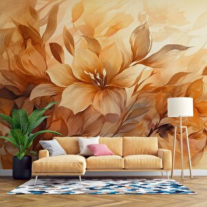 Turuncu Çiçek Çizim Desenli Duvar Kağıdı - Dkm912108 150x315 cm