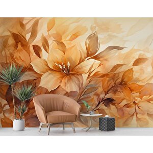 Turuncu Çiçek Çizim Desenli Duvar Kağıdı - Dkm912108