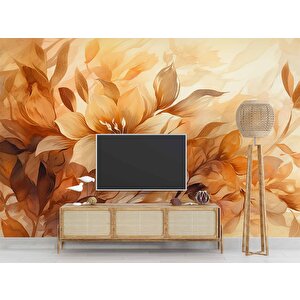 Turuncu Çiçek Çizim Desenli Duvar Kağıdı - Dkm912119 450x315 cm