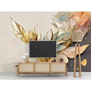 Altın Ve Renkli Yaprak Desenli Duvar Kağıdı - Dkm913088 200x300 cm