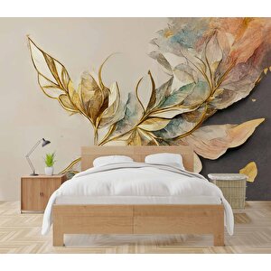 Altın Ve Renkli Yaprak Desenli Duvar Kağıdı - Dkm913099 475x300 cm