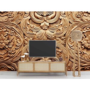 3 Boyutlu Çiçek Figürlü Ağaç Oyma Desenli Duvar Kağıdı - 31014 450x200 cm
