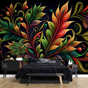 3 Boyutlu Renkli Yaprak Desenli Duvar Kağıdı - Dkm776010 350x200 cm