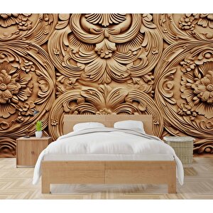 3 Boyutlu Çiçek Figürlü Ağaç Oyma Desenli Duvar Kağıdı - 31010 350x200 cm