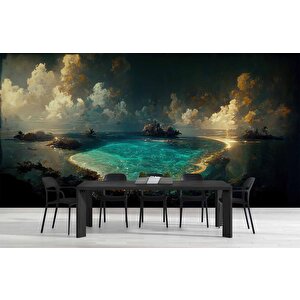 Gece Deniz Manzaralı Suluboya Çizim Duvar Kağıdı - Dkm995107