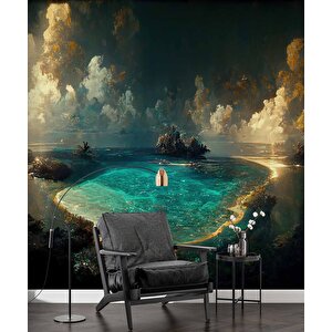 Gece Deniz Manzaralı Suluboya Çizim Duvar Kağıdı - Dkm995107